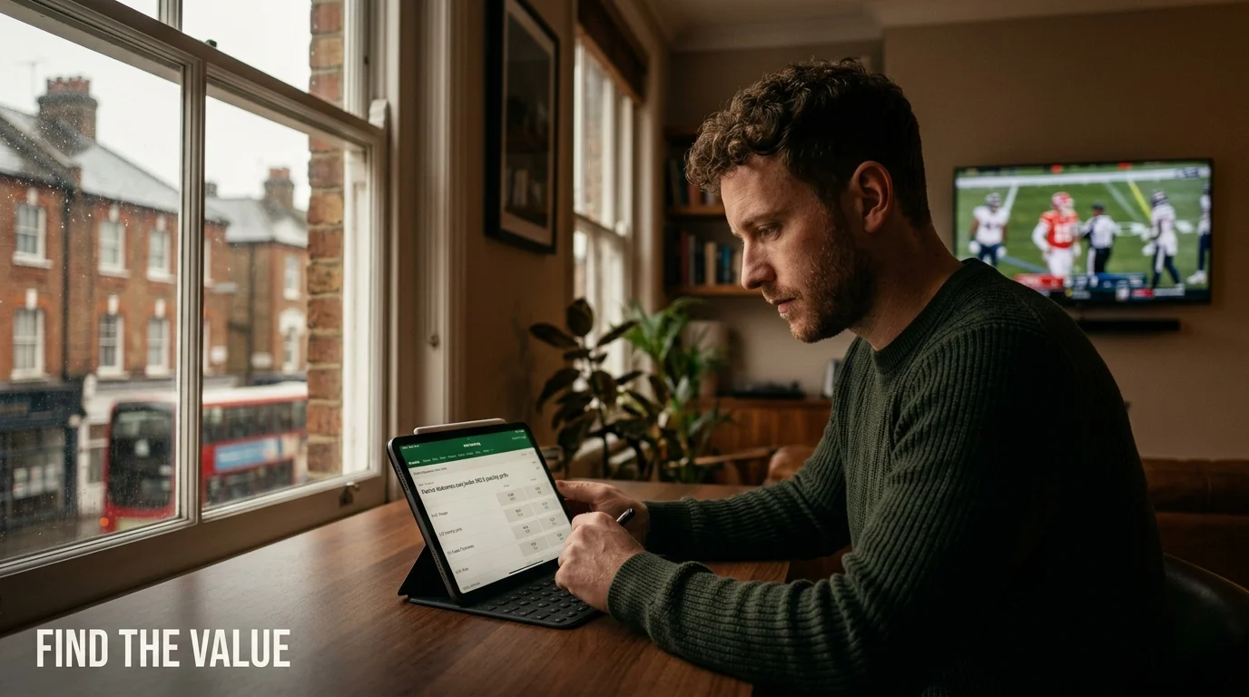 A British bettor analysing NFL player prop odds in fractional and decimal formats on a betting screen