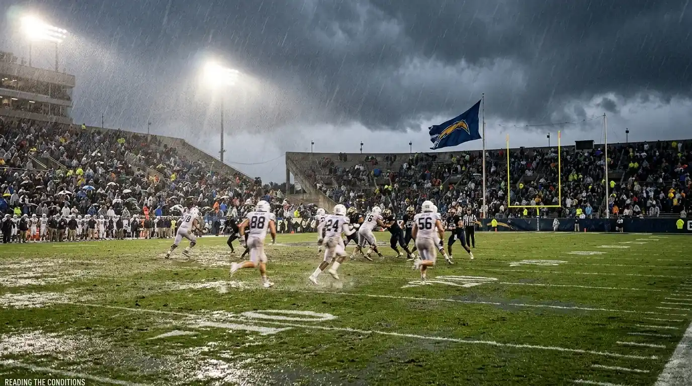 Wind and rain sweeping across an open NFL stadium during a game, conditions that move passing and kicking props