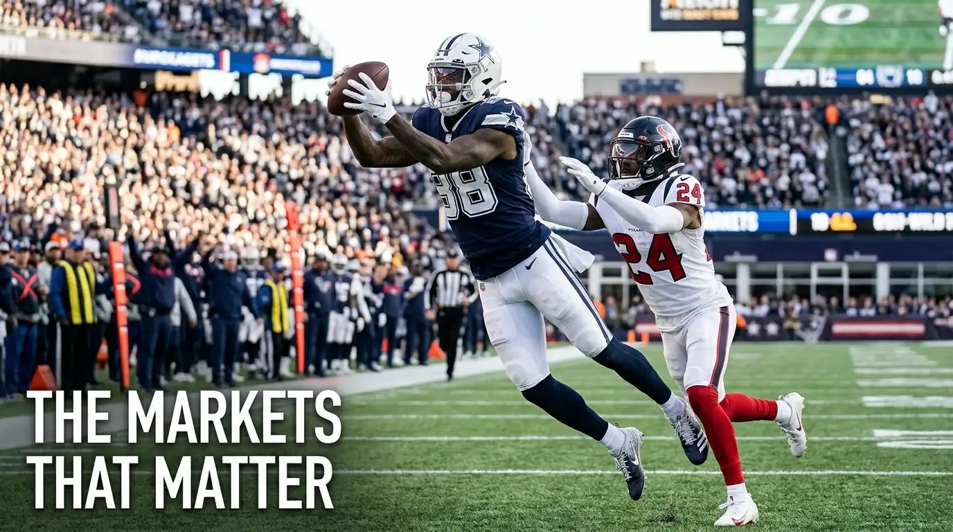 An NFL wide receiver catching the ball in game action, the kind of play that settles a receiving yards prop