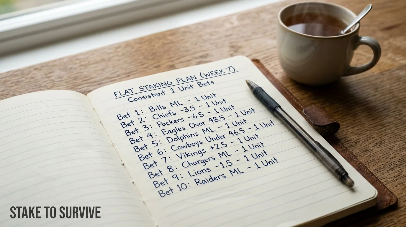 A betting notebook open on a desk showing a written flat-staking plan with unit sizes, no real money in view