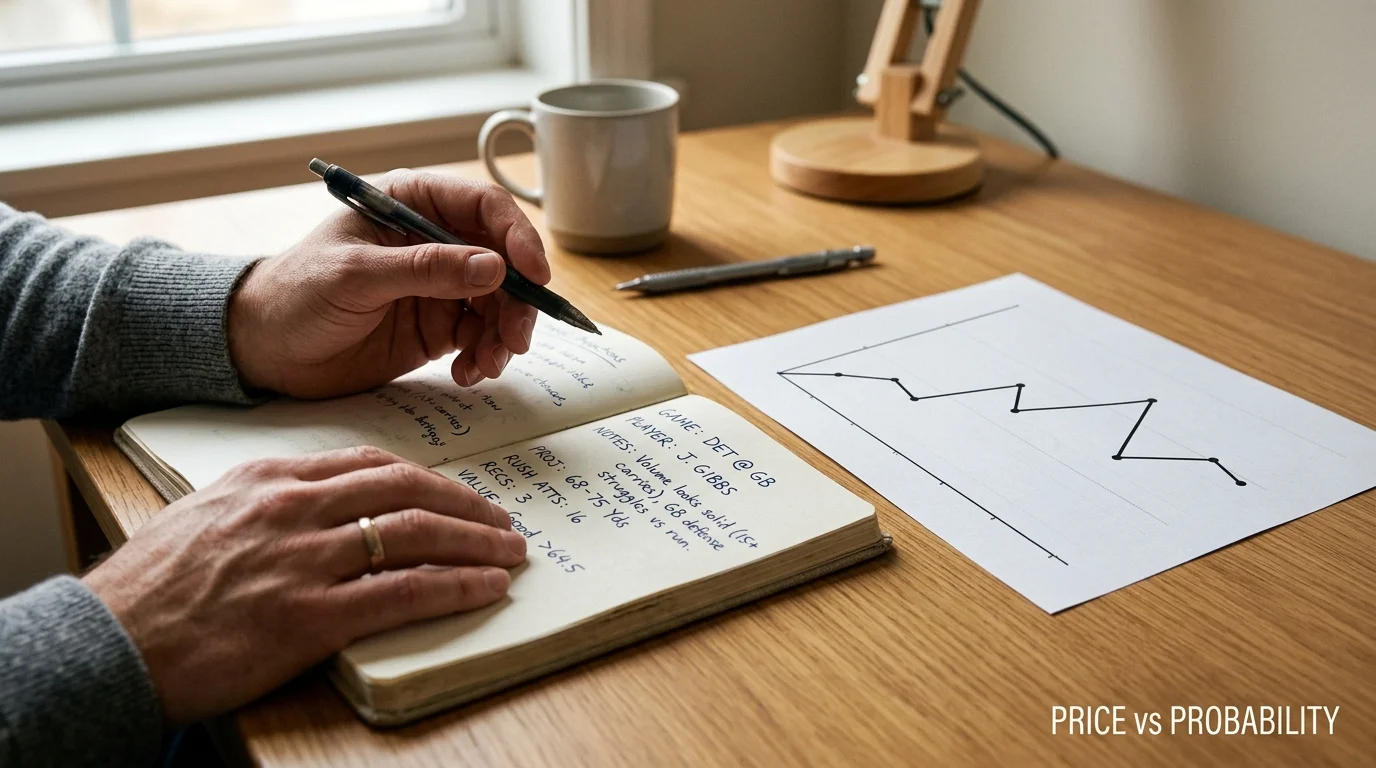 A bettor studying handwritten projection notes beside a simple line chart while reviewing NFL player prop odds